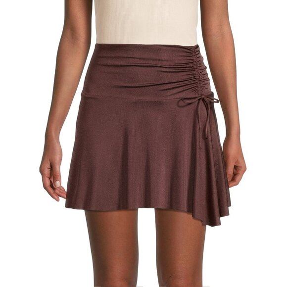 NEW FREE PEOPLE chocolate brown Drawstring Ruffled Mini Skirt. Size L - Picture 4 of 16
